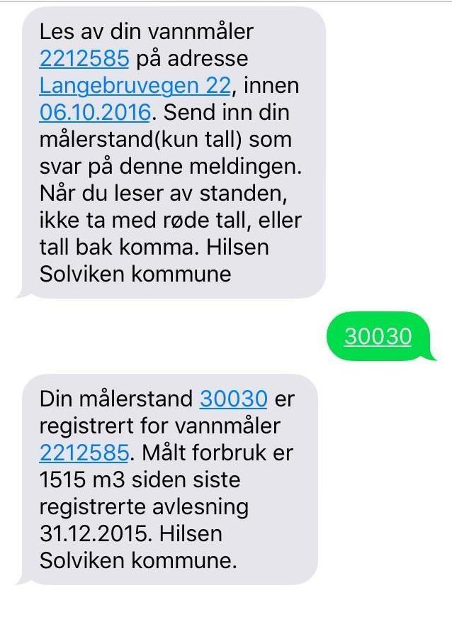 Bilde av hvordan SMS for vannmåleravlesning ser ut. - Klikk for stort bilde