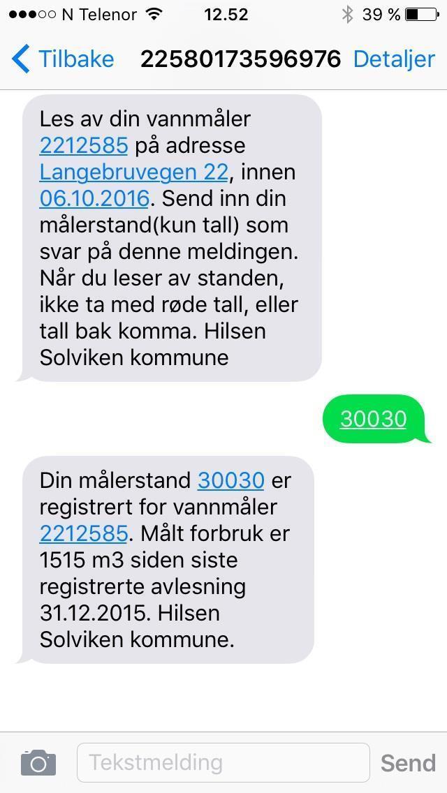 Bilde av hvordan SMS for vannmåleravlesning ser ut.  - Klikk for stort bilde